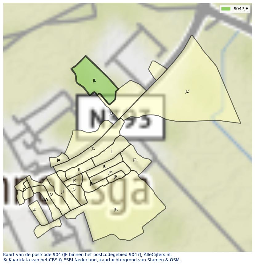 Afbeelding van het postcodegebied 9047 JE op de kaart.