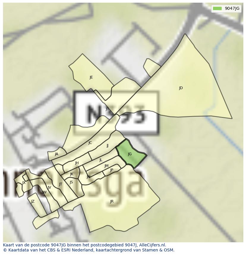 Afbeelding van het postcodegebied 9047 JG op de kaart.