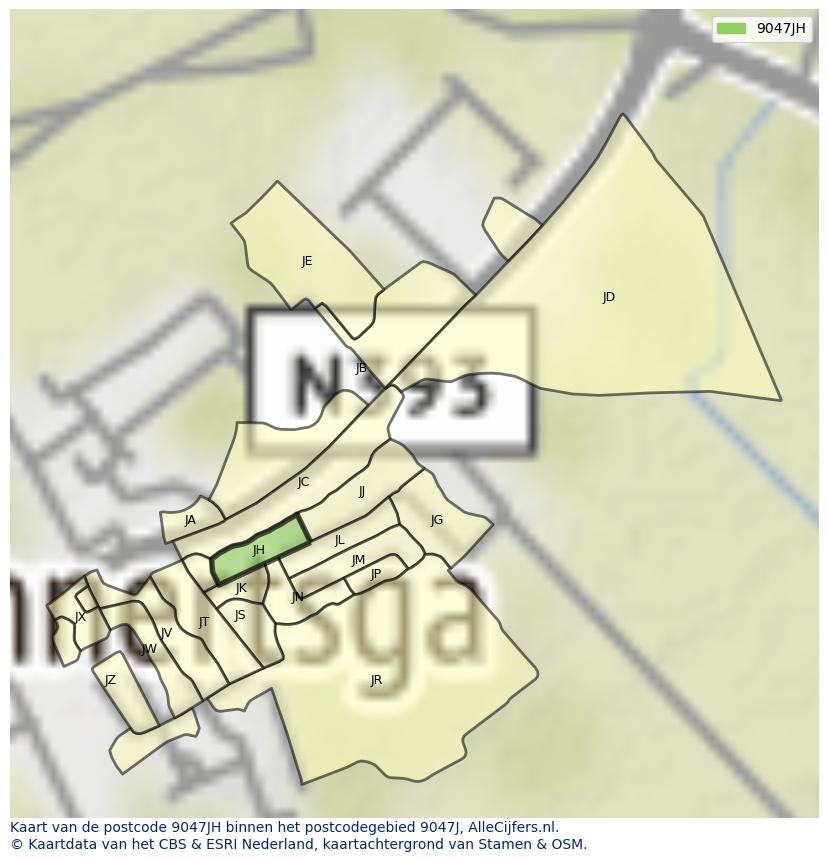 Afbeelding van het postcodegebied 9047 JH op de kaart.