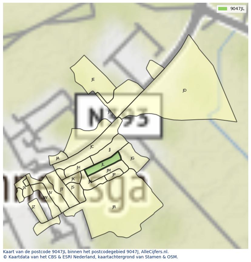 Afbeelding van het postcodegebied 9047 JL op de kaart.