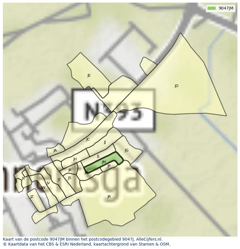 Afbeelding van het postcodegebied 9047 JM op de kaart.