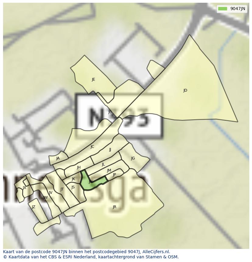 Afbeelding van het postcodegebied 9047 JN op de kaart.