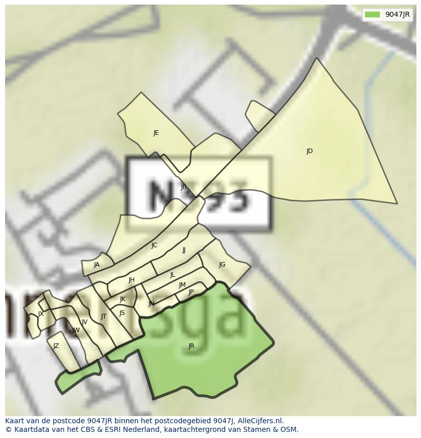 Afbeelding van het postcodegebied 9047 JR op de kaart.
