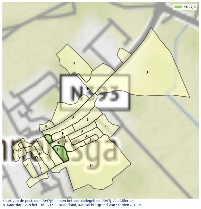 Afbeelding van het postcodegebied 9047 JS op de kaart.