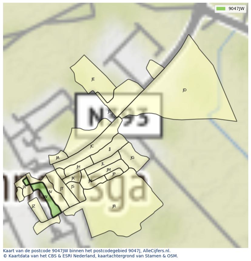Afbeelding van het postcodegebied 9047 JW op de kaart.