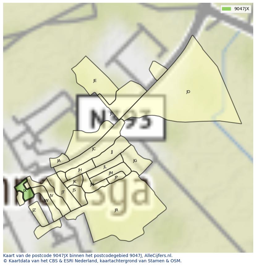 Afbeelding van het postcodegebied 9047 JX op de kaart.