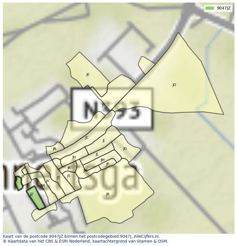 Afbeelding van het postcodegebied 9047 JZ op de kaart.