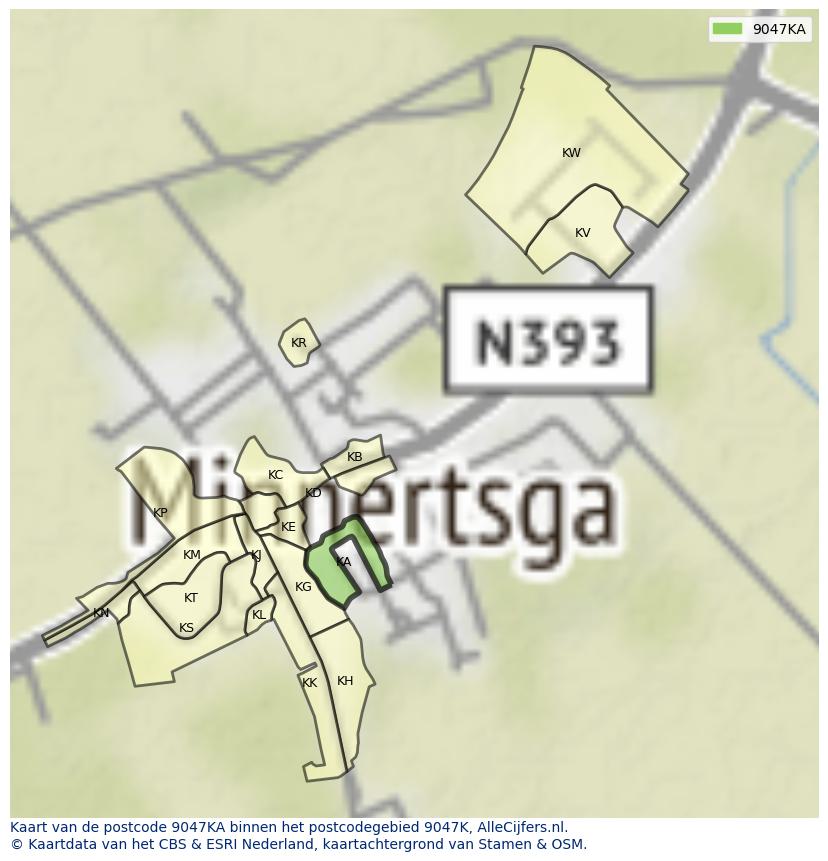 Afbeelding van het postcodegebied 9047 KA op de kaart.