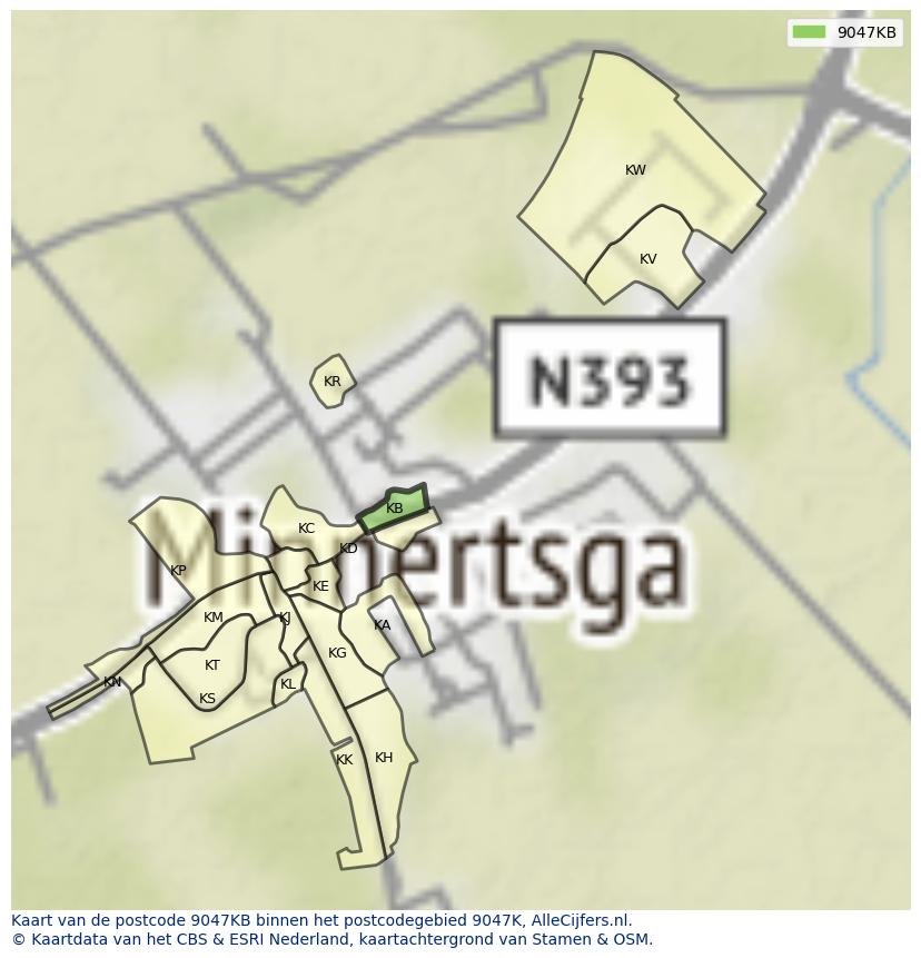 Afbeelding van het postcodegebied 9047 KB op de kaart.