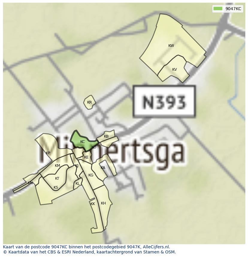Afbeelding van het postcodegebied 9047 KC op de kaart.