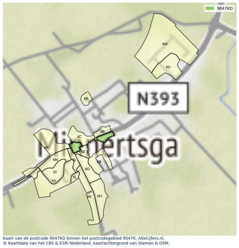 Afbeelding van het postcodegebied 9047 KD op de kaart.