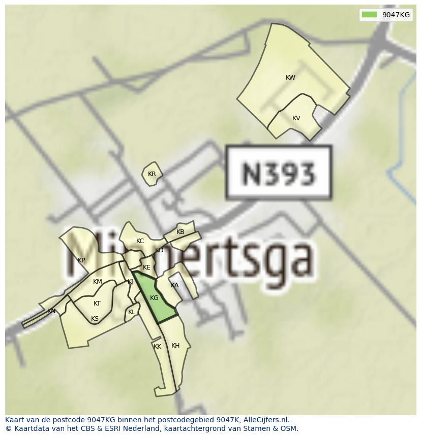 Afbeelding van het postcodegebied 9047 KG op de kaart.