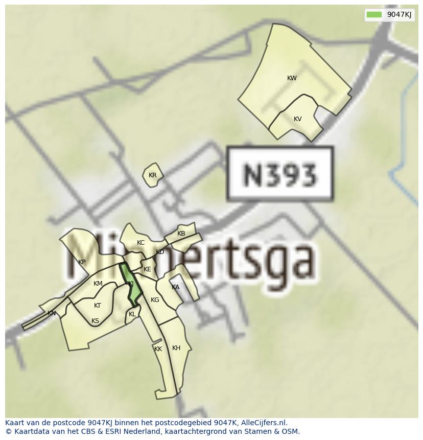 Afbeelding van het postcodegebied 9047 KJ op de kaart.