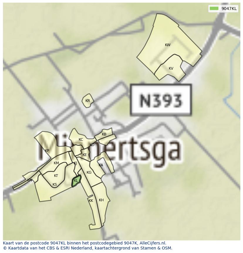 Afbeelding van het postcodegebied 9047 KL op de kaart.