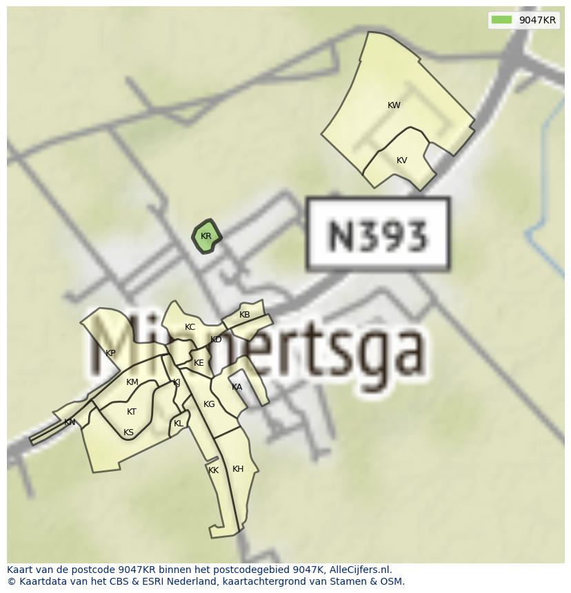 Afbeelding van het postcodegebied 9047 KR op de kaart.