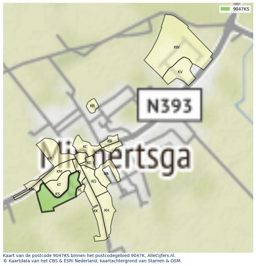 Afbeelding van het postcodegebied 9047 KS op de kaart.