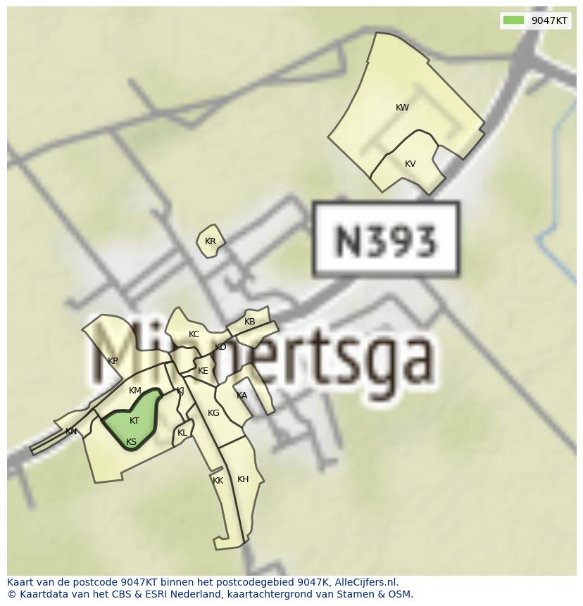 Afbeelding van het postcodegebied 9047 KT op de kaart.