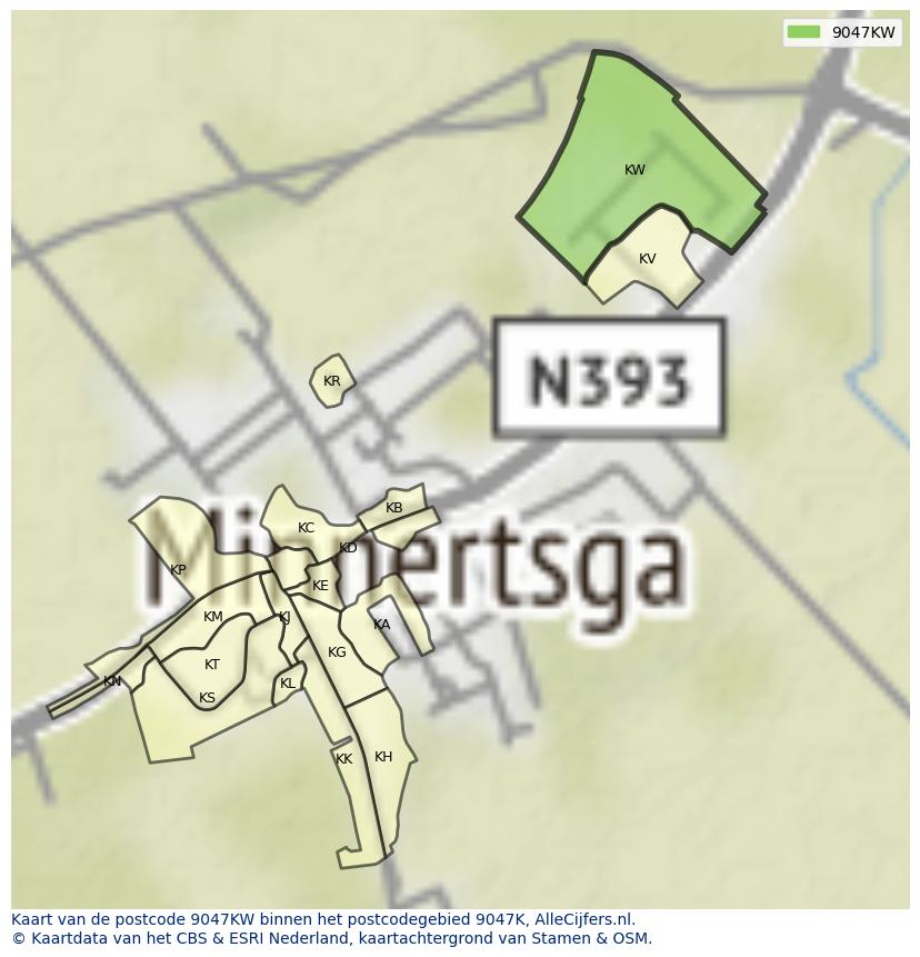 Afbeelding van het postcodegebied 9047 KW op de kaart.