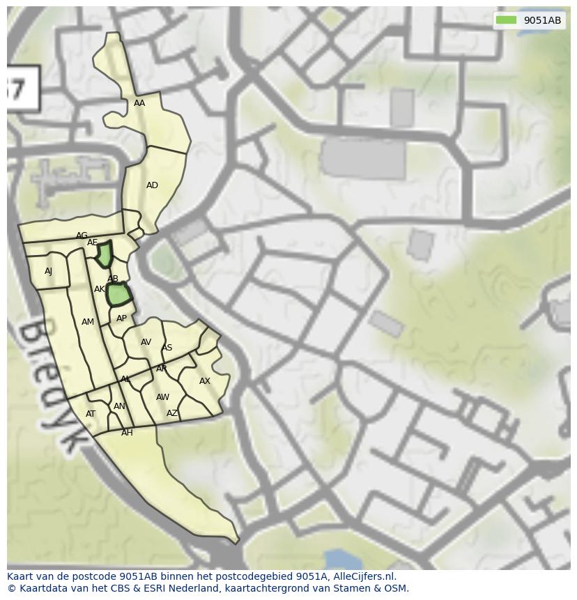 Afbeelding van het postcodegebied 9051 AB op de kaart.