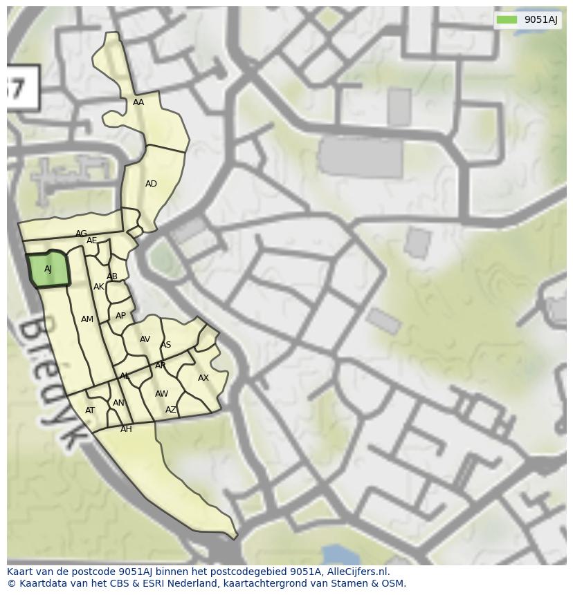 Afbeelding van het postcodegebied 9051 AJ op de kaart.
