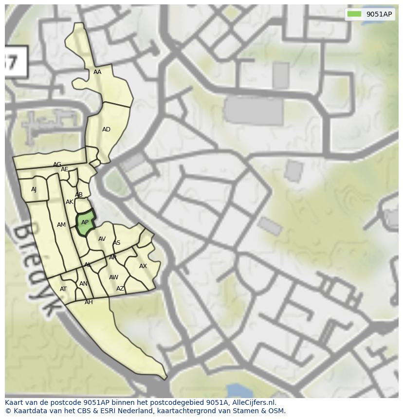 Afbeelding van het postcodegebied 9051 AP op de kaart.