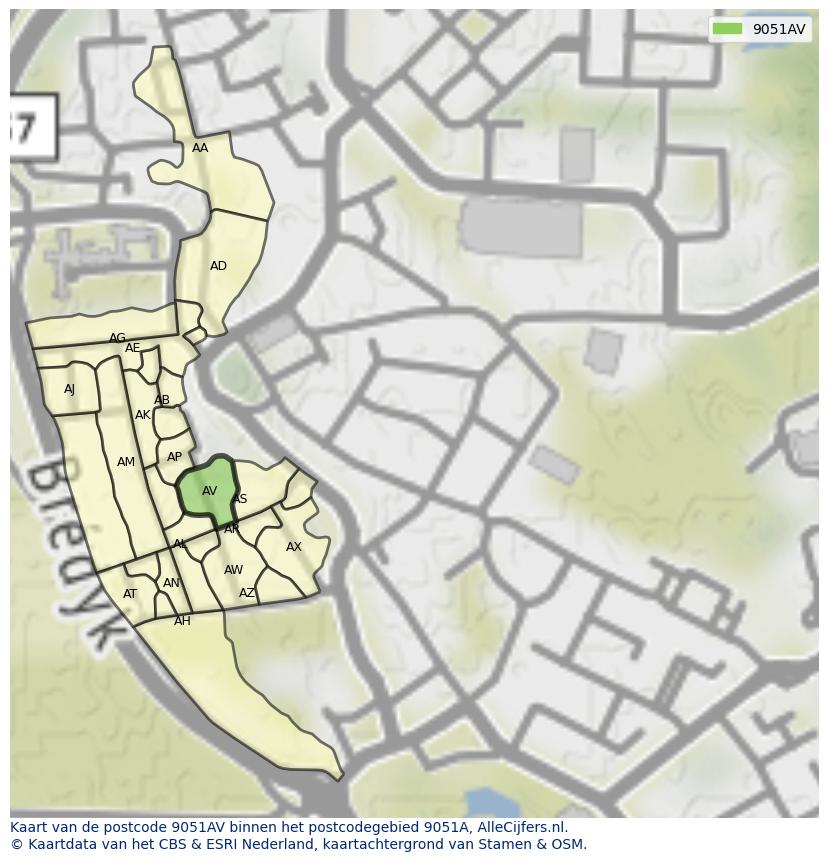 Afbeelding van het postcodegebied 9051 AV op de kaart.