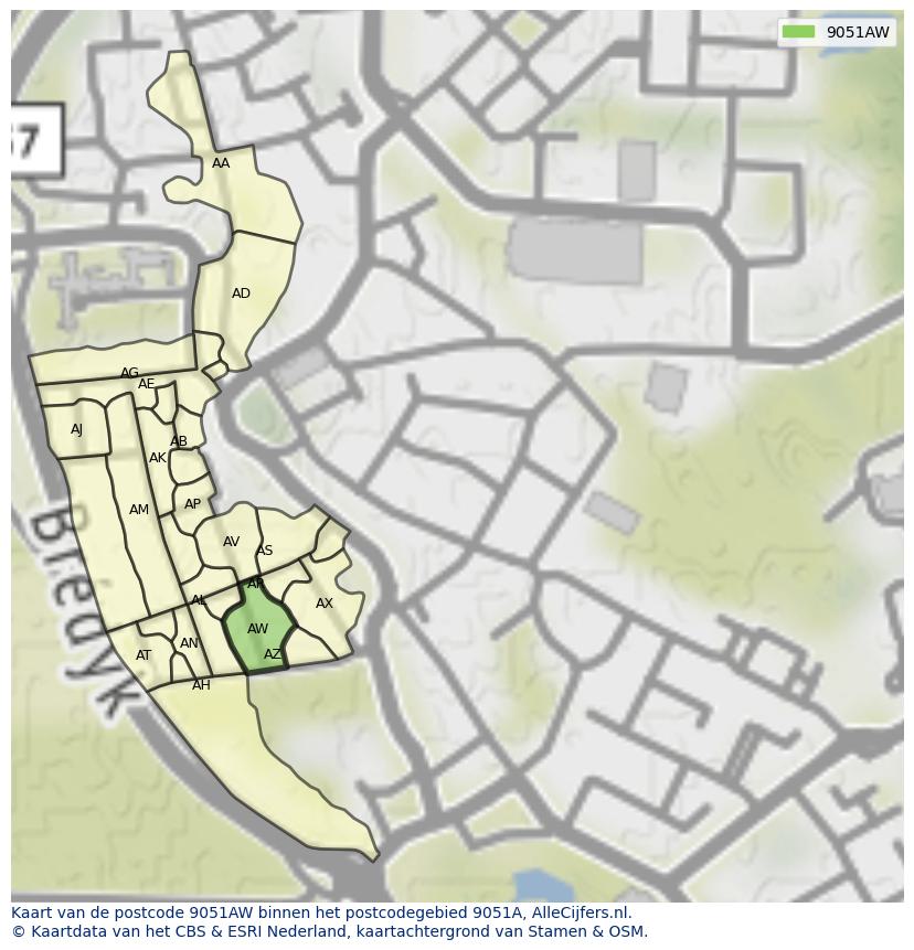 Afbeelding van het postcodegebied 9051 AW op de kaart.