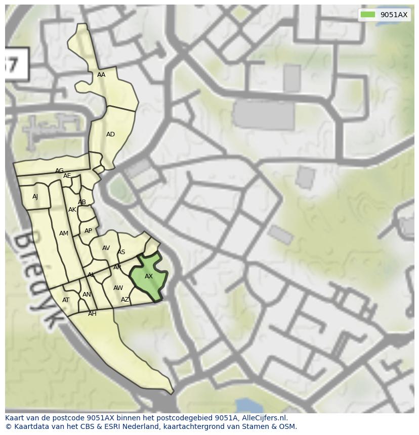 Afbeelding van het postcodegebied 9051 AX op de kaart.