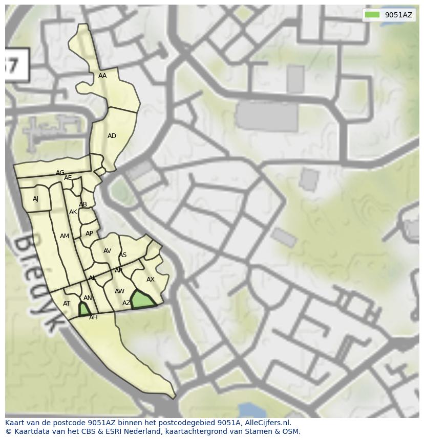 Afbeelding van het postcodegebied 9051 AZ op de kaart.