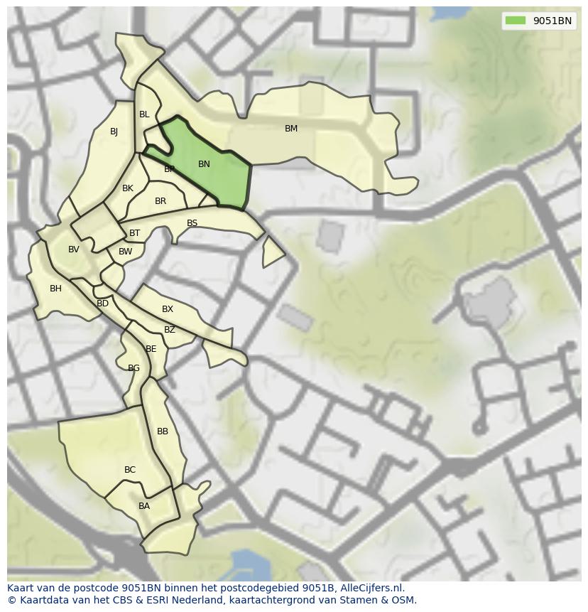Afbeelding van het postcodegebied 9051 BN op de kaart.