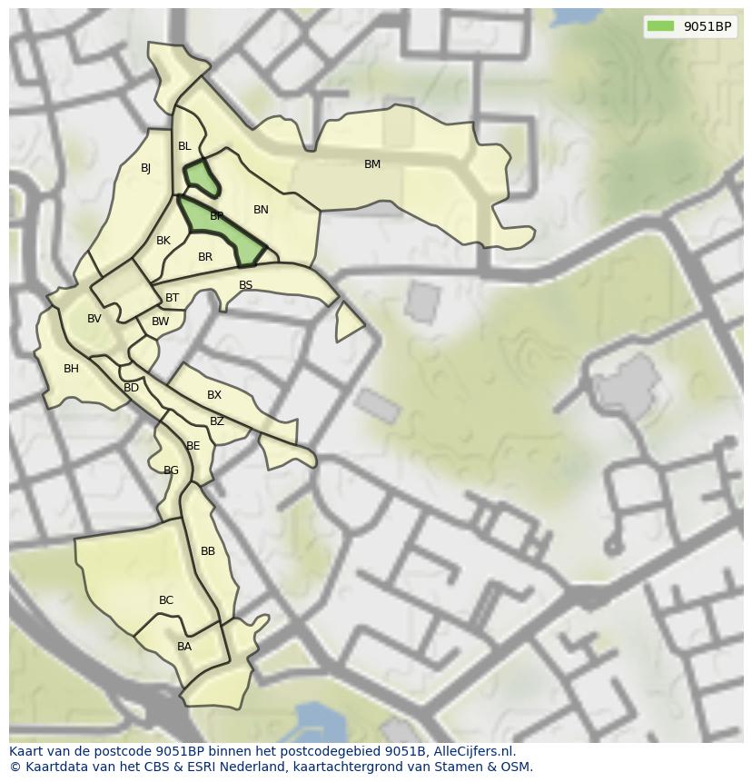 Afbeelding van het postcodegebied 9051 BP op de kaart.