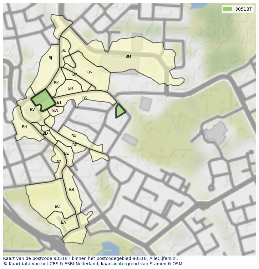 Afbeelding van het postcodegebied 9051 BT op de kaart.