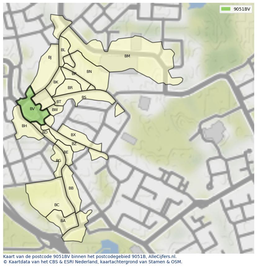 Afbeelding van het postcodegebied 9051 BV op de kaart.