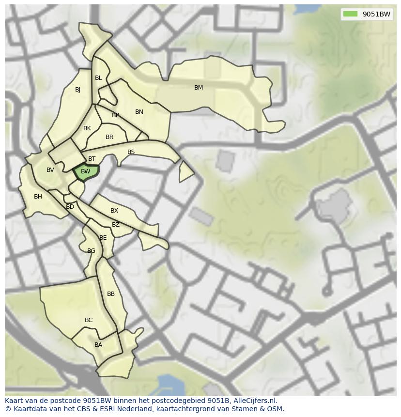 Afbeelding van het postcodegebied 9051 BW op de kaart.
