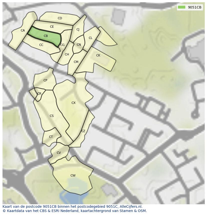 Afbeelding van het postcodegebied 9051 CB op de kaart.