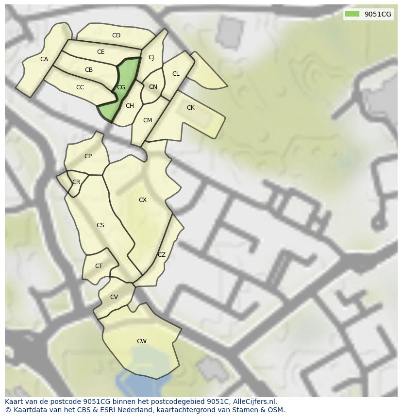 Afbeelding van het postcodegebied 9051 CG op de kaart.
