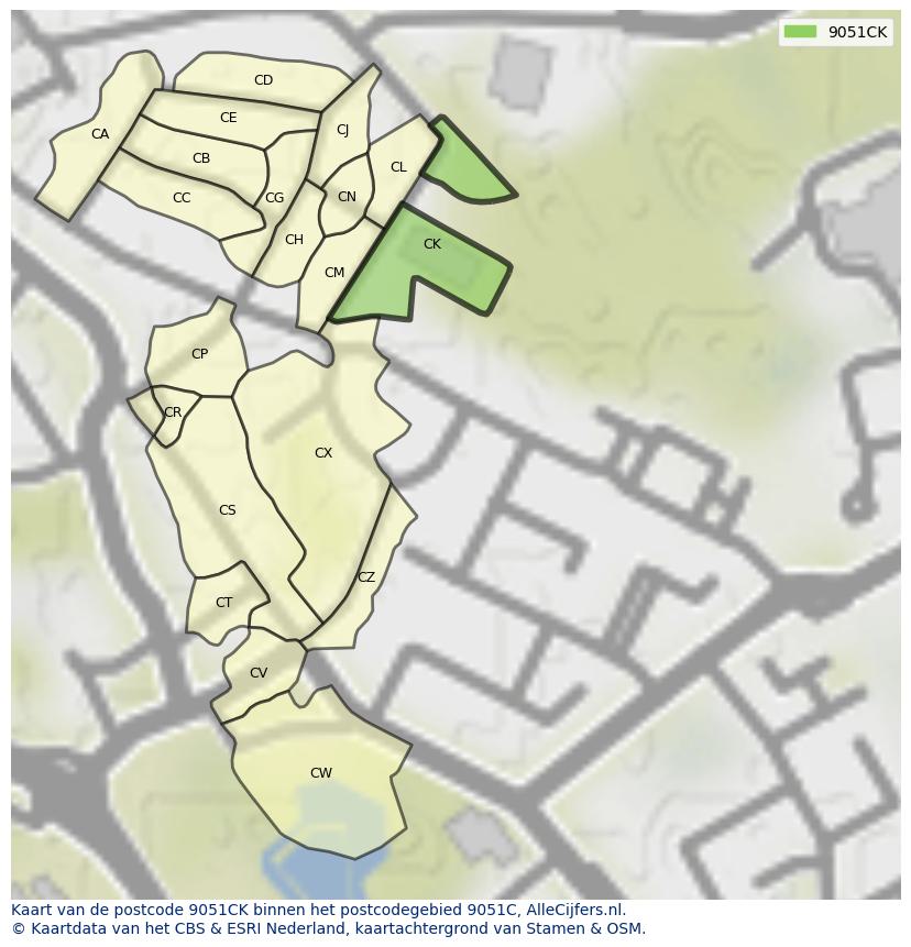 Afbeelding van het postcodegebied 9051 CK op de kaart.