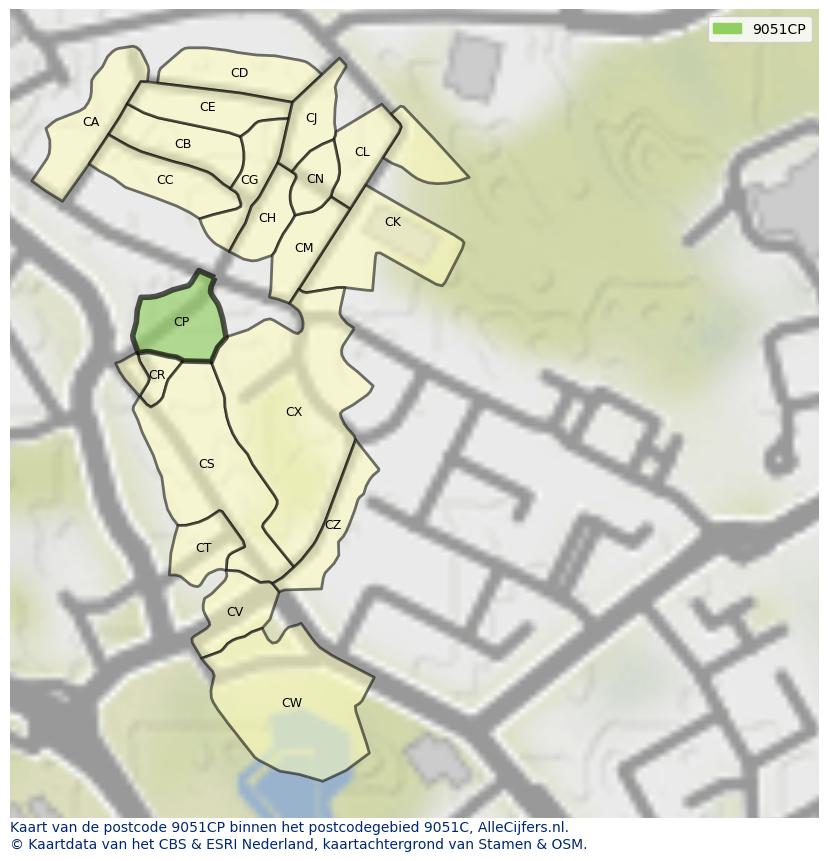 Afbeelding van het postcodegebied 9051 CP op de kaart.