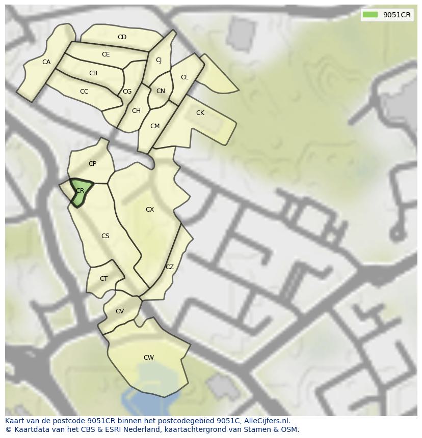 Afbeelding van het postcodegebied 9051 CR op de kaart.
