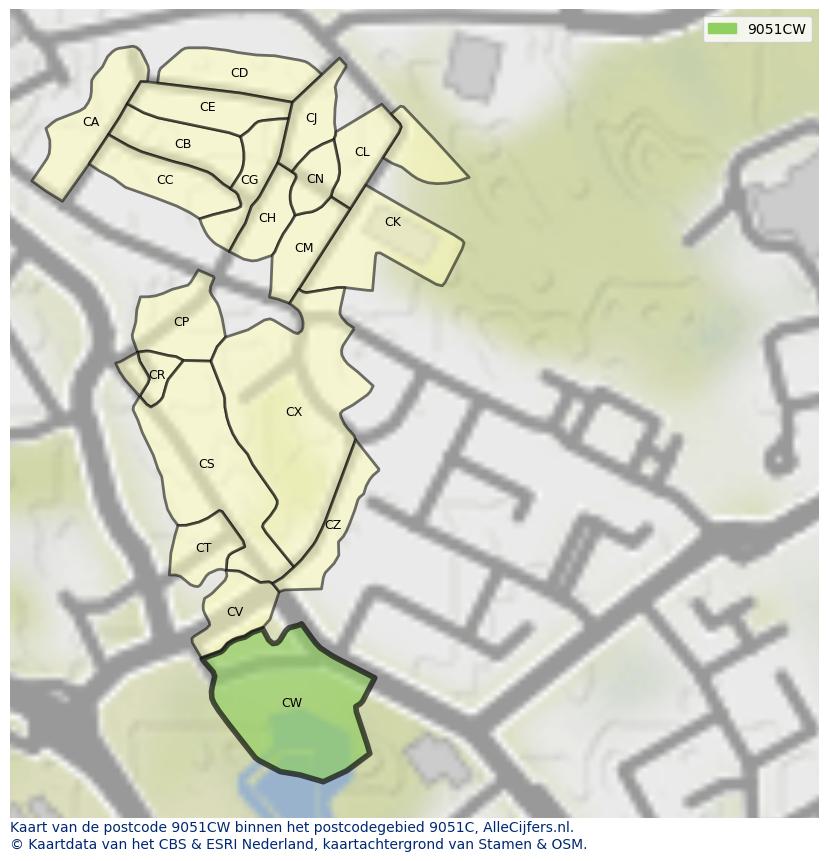 Afbeelding van het postcodegebied 9051 CW op de kaart.