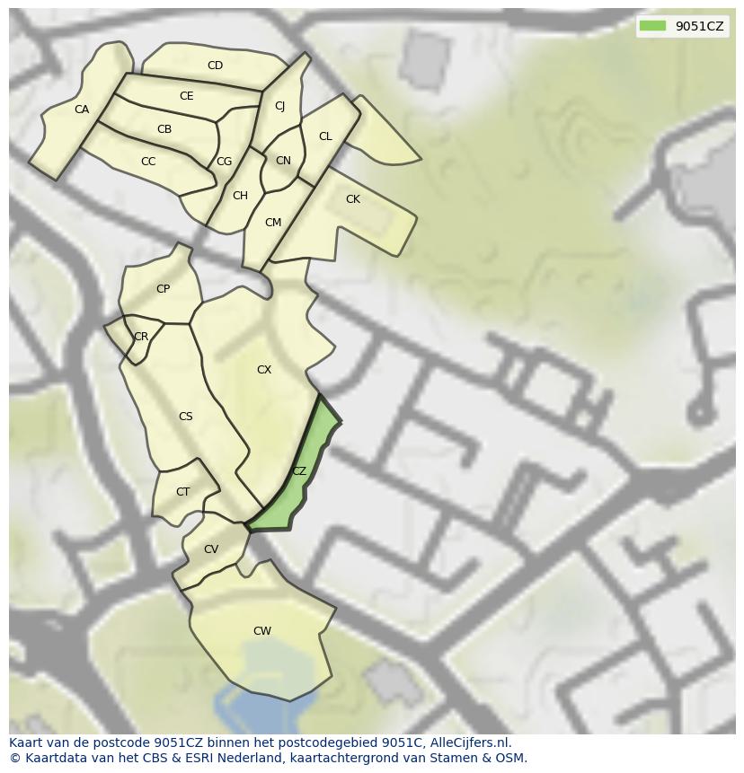 Afbeelding van het postcodegebied 9051 CZ op de kaart.