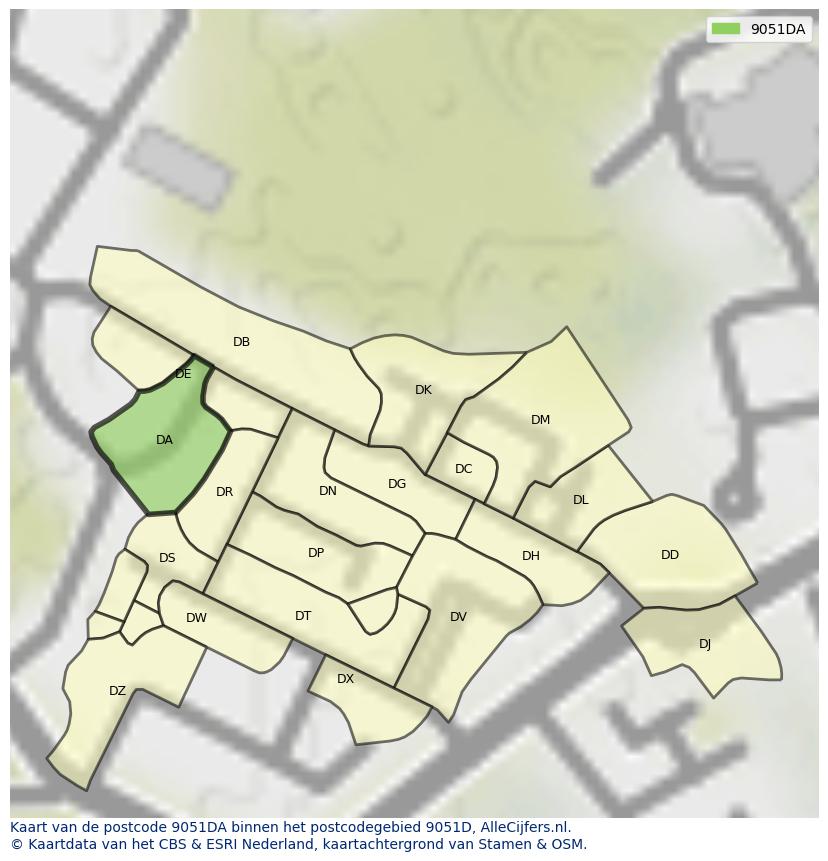 Afbeelding van het postcodegebied 9051 DA op de kaart.