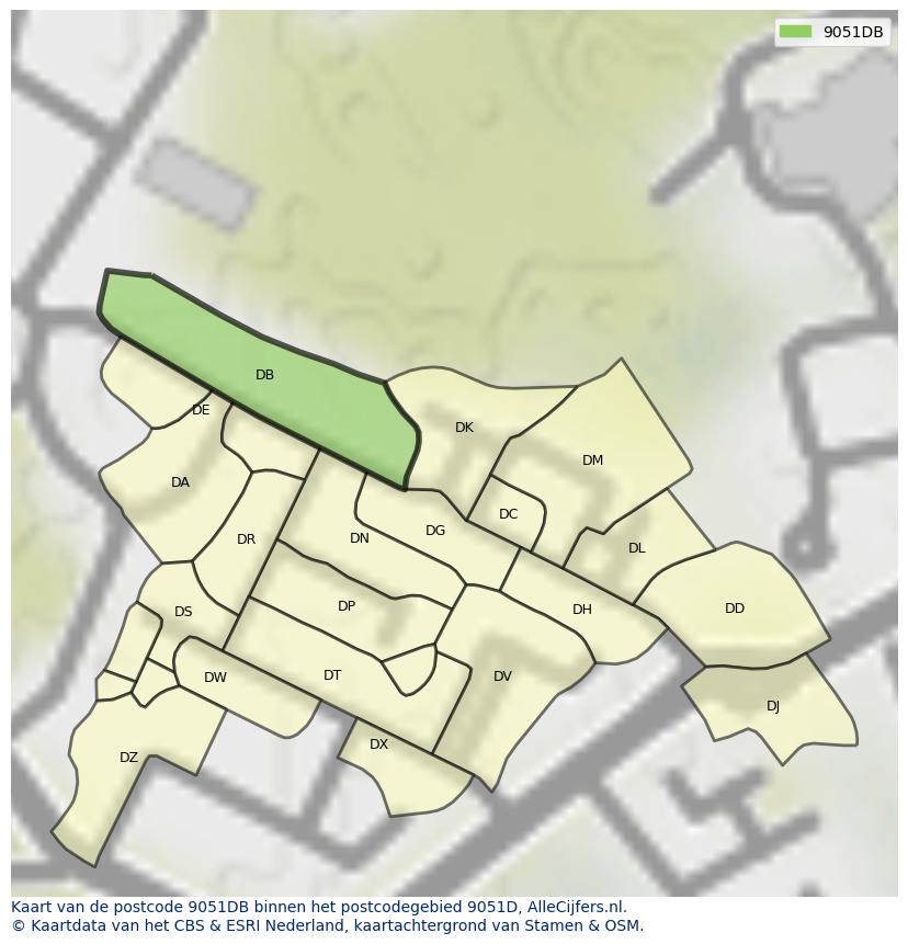 Afbeelding van het postcodegebied 9051 DB op de kaart.