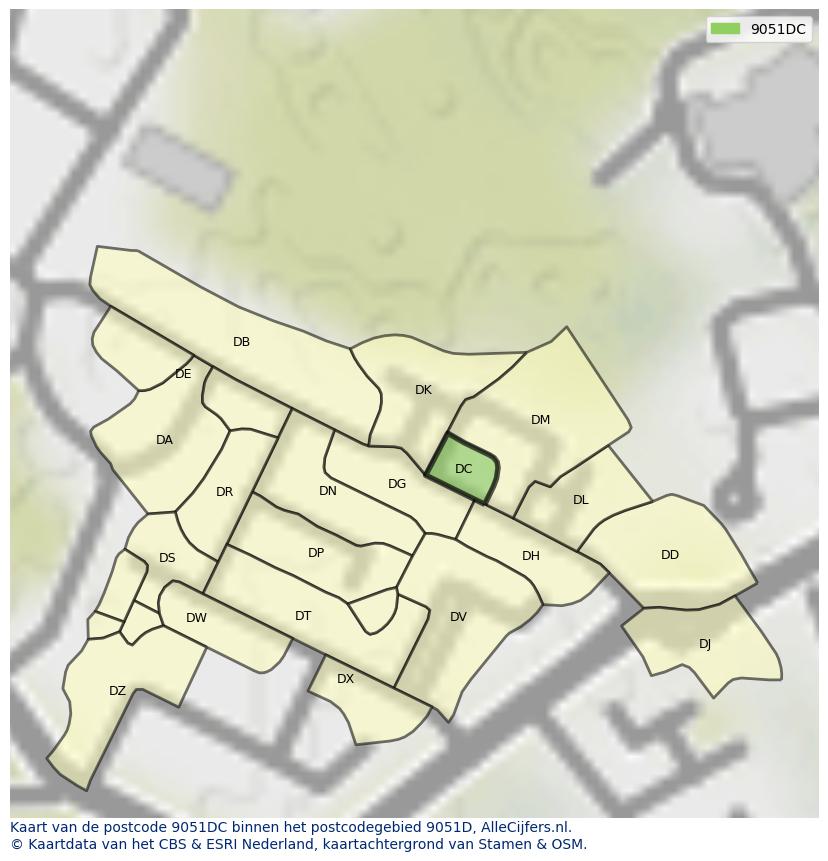 Afbeelding van het postcodegebied 9051 DC op de kaart.