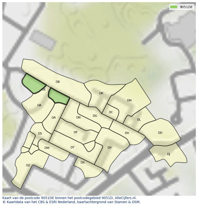 Afbeelding van het postcodegebied 9051 DE op de kaart.