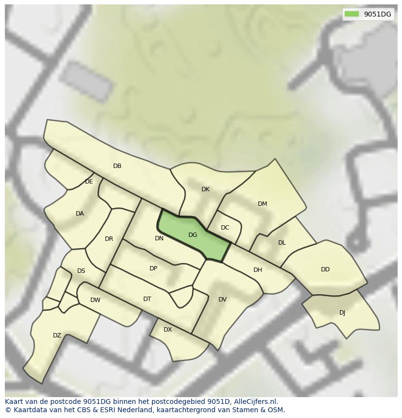 Afbeelding van het postcodegebied 9051 DG op de kaart.