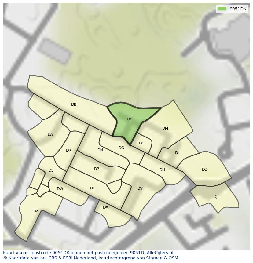 Afbeelding van het postcodegebied 9051 DK op de kaart.