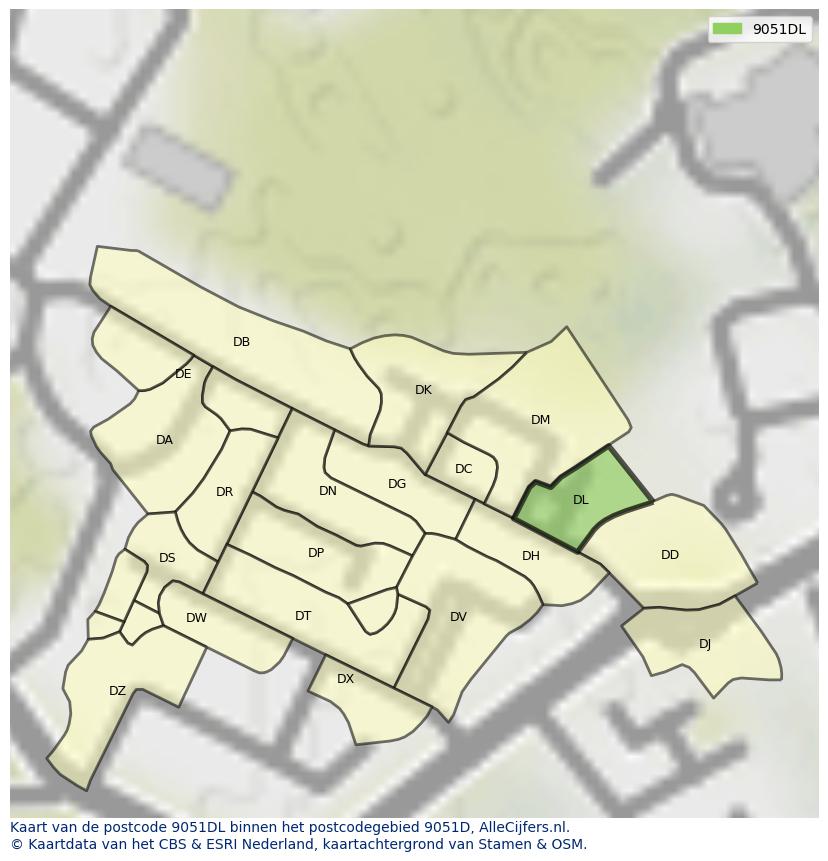 Afbeelding van het postcodegebied 9051 DL op de kaart.