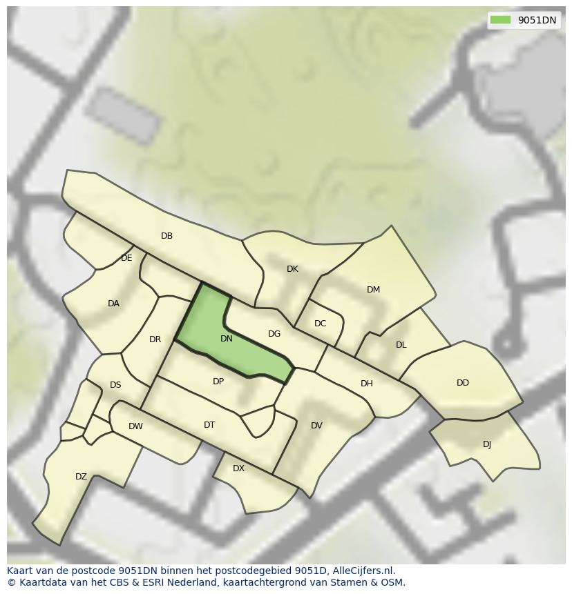 Afbeelding van het postcodegebied 9051 DN op de kaart.