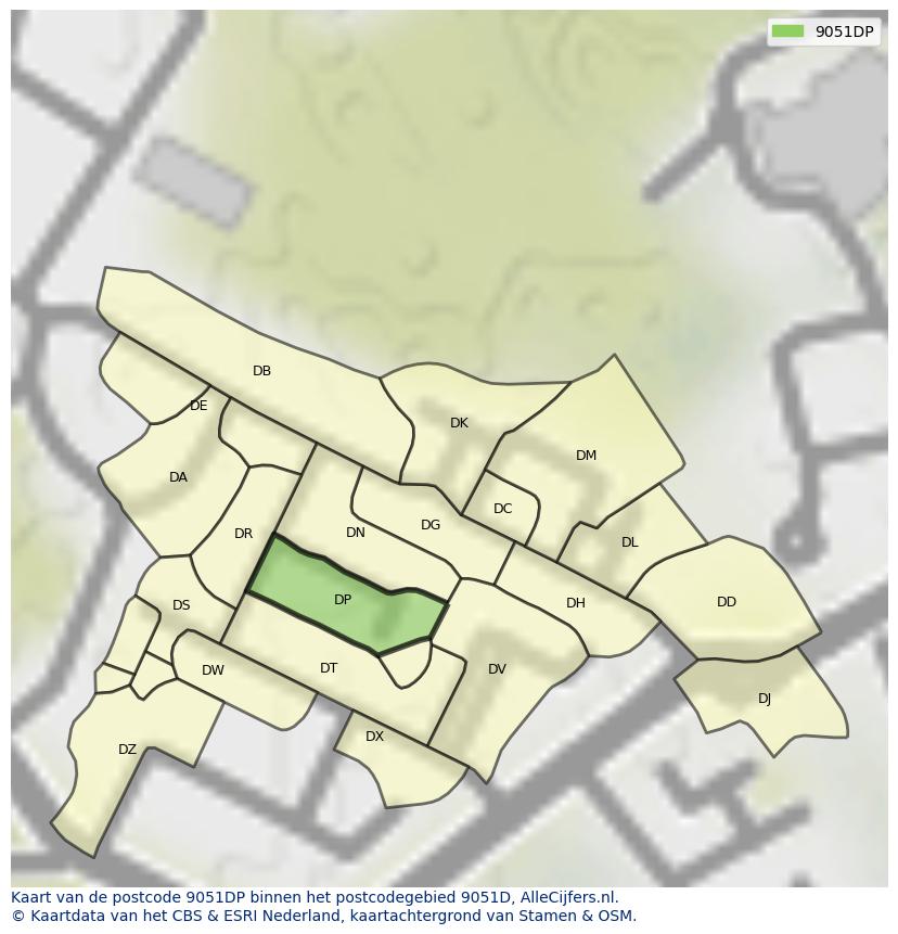 Afbeelding van het postcodegebied 9051 DP op de kaart.